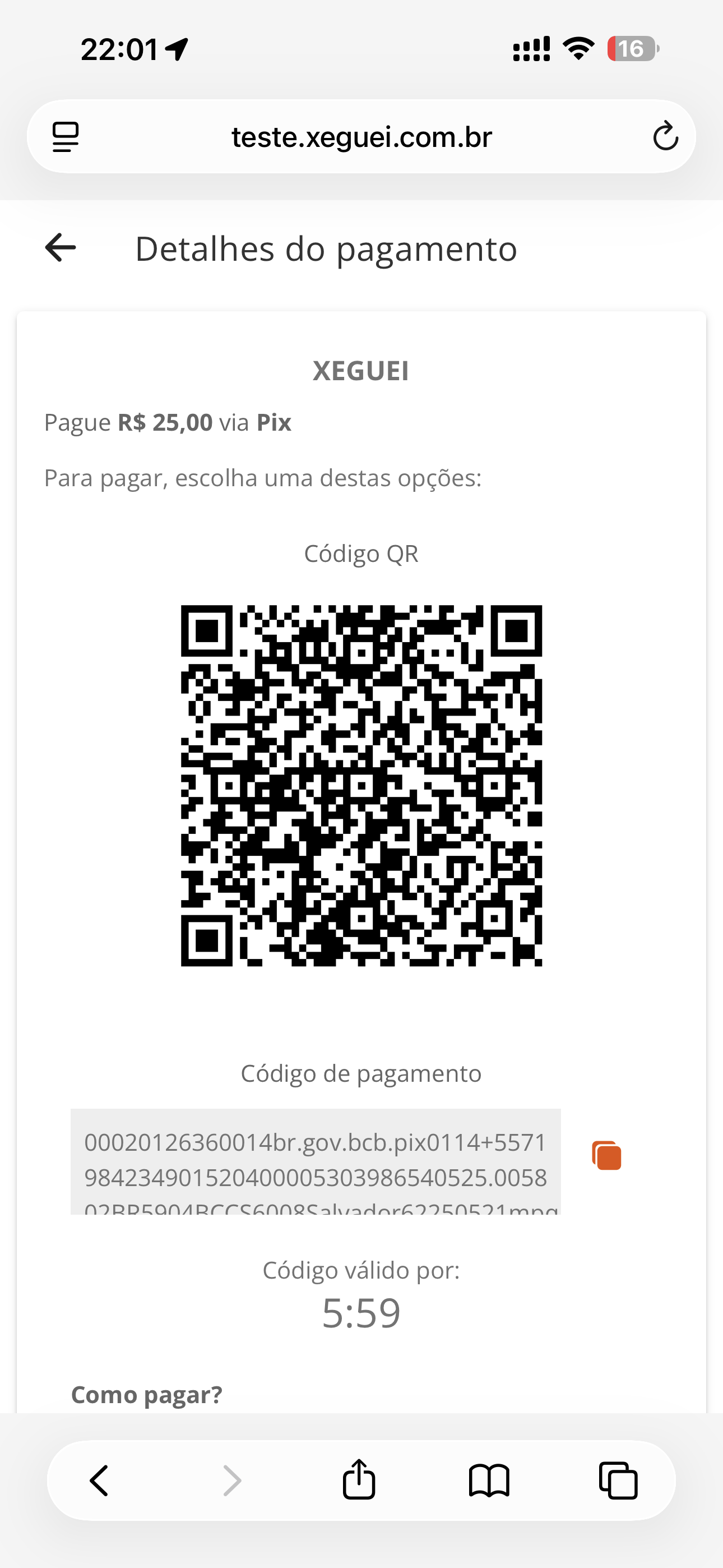 Tela de pagamento integrado do Xeguei