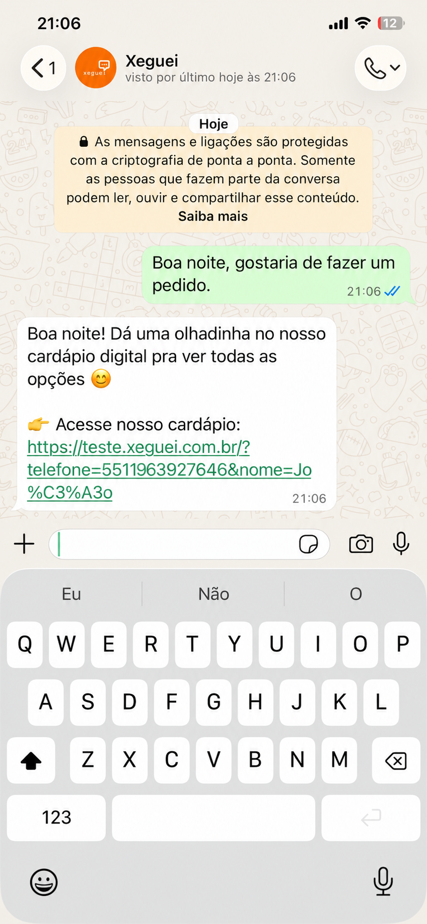 Tela de atendimento pelo WhatsApp no Xeguei